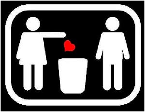 cartoon of a woman throwing a heart in the garbage